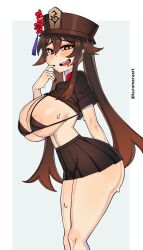  1girl alternate_breast_size ass bikini bikini_top_only black_skirt border breasts brown_hair clothes_lift drooling from_side genshin_impact gradient_hair hand_up hat highres hu_tao_(genshin_impact) kuromaruart large_breasts long_hair looking_at_viewer multicolored_hair open_mouth red_eyes shirt_lift simple_background skirt solo sweat swimsuit symbol-shaped_pupils tagme white_border  rating:Sensitive score:23 user:anon-sama3
