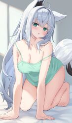  1girl absurdres ahoge all_fours animal_ear_fluff animal_ears blush breasts camisole cleavage commentary_request earrings fox_ears fox_girl fox_tail green_camisole green_eyes hair_between_eyes highres hololive indoors jewelry kajitsu_no_hito long_hair looking_at_viewer medium_breasts on_bed open_mouth shirakami_fubuki sidelocks tail virtual_youtuber white_hair 