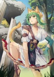  1girl ancient_greek_clothes animal_ears arrow_(projectile) atalanta_(fate) blonde_hair bow_(weapon) braid breasts cat_ears cat_tail dress fate/apocrypha fate/grand_order fate_(series) french_braid gradient_hair greco-roman_clothes green_eyes green_hair highres long_hair looking_to_the_side medium_breasts multicolored_hair nakaga_eri quiver solo tail thighs weapon 