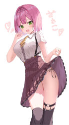  1girl :d black_hairband black_panties black_thighhighs blunt_bangs blush bob_cut breasts brown_skirt clothes_lift collared_shirt commentary curvy double-parted_bangs eyelashes fangs feet_out_of_frame finger_to_mouth frilled_skirt frills green_eyes hair_intakes hairband hand_up heart heart_o-ring high-waist_skirt highres index_finger_raised kukeylove large_breasts lightning_bolt_symbol looking_at_viewer meme mesugaki necktie o-ring o-ring_thigh_strap open_mouth panties panty_peek pink_hair pleated_skirt school_uniform shirt short_hair short_necktie short_sleeves side-tie_panties sidelighting simple_background skirt skirt_lift smile smug solo standing straight_hair suspender_skirt suspenders tanikaze_amane teeth tenshi_souzou_re-boot! thigh_strap thighhighs thighs translated tsurime underwear upper_teeth_only white_background white_shirt yellow_necktie zako_(meme) zettai_ryouiki 