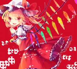  1girl ascot bat_wings blonde_hair crystal flandre_scarlet hat hat_ribbon hiyuu_(hiyualice) mob_cap multicolored_wings one_side_up open_mouth puffy_short_sleeves puffy_sleeves red_eyes red_vest ribbon short_sleeves side_ponytail skirt skirt_set solo star_(symbol) teeth touhou upper_teeth_only vest white_hat wings yellow_ascot 