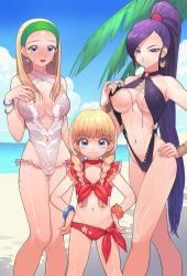  3girls age_difference areola_slip beach bikini bikini_top_lift black_one-piece_swimsuit blonde_hair blue_eyes blue_sky blush bracelet braid breasts cameltoe cleavage clothes_lift clothing_cutout cloud collarbone day dragon_quest dragon_quest_xi earrings female_pubic_hair hairband halterneck hand_on_own_chest hand_on_own_hip hand_up hands_on_own_hips heart_cutout high_ponytail highres jewelry knees_together_feet_apart large_breasts legs_apart loli long_hair looking_at_viewer martina_(dq11) multiple_girls navel navel_cutout nipple_slip nipples ocean one-piece_swimsuit open_mouth outdoors palm_tree ponytail pubic_hair purple_hair purple_one-piece_swimsuit red_bikini red_one-piece_swimsuit revealing_swimsuit_(dq) scrunchie see-through senya_(dq11) sky slingshot_swimsuit smile square_enix standing star_cutout supurai sweat swimsuit thigh_gap tree twin_braids veronica_(dq11) very_long_hair water white_one-piece_swimsuit wrist_scrunchie  rating:Questionable score:191 user:pixii