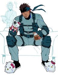 2boys absurdres bandana beard belt black_bandana black_socks brown_hair couch cranity cup facial_hair glasses hello_kitty_(character) highres holding holding_cup holding_phone male_focus metal_gear_(series) metal_gear_solid multiple_boys open_mouth phone photo-referenced scar scar_on_face sitting socks solid_snake spread_legs  rating:General score:0 user:danbooru