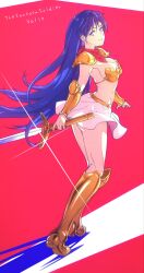 1girl absurdres armor armored_boots asou_yuuko ass bikini_armor blue_eyes blue_hair boots breasts cleavage closed_mouth commentary_request copyright_name from_behind full_body gold_armor highres holding knee_boots large_breasts long_hair looking_at_viewer midriff miniskirt mugen_senshi_valis reverse_grip shoulder_armor sideboob simple_background skirt sleeveless smile solo sword tamago_tomato thighs vambraces weapon white_skirt
