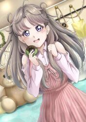  1girl :d blurry blurry_background blush brown_hair chocolate clenched_hand clothing_cutout collared_shirt commentary_request dress dutch_angle food fujishima_megumi hands_up highres holding holding_doughnut holding_food link!_like!_love_live! long_hair looking_at_viewer love_live! matcha_(food) messy_hair open_mouth pinafore_dress pink_dress purple_eyes scene_reference shirt shoulder_cutout sleeveless sleeveless_dress smile solo souneko_123 stuffed_animal stuffed_toy sweater sweater_dress teddy_bear two_side_up virtual_youtuber white_shirt 