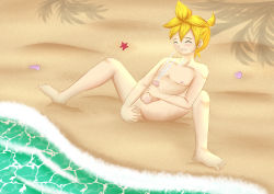  1boy absurdres anal anal_fingering beach blonde_hair clenched_teeth closed_eyes cum ejaculation erection fingering highres irzhie kagamine_len male_focus male_penetrated masturbation nude ocean penis poorly_drawn sand shell shota solo starfish teeth vocaloid water  rating:Explicit score:9 user:TempoFunktron