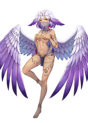  1girl absurdres anklet armlet barefoot bracelet breast_hold breasts covering_privates covering_breasts dark-skinned_female dark_skin full_body highres honoe jewelry mouth_veil multicolored_hair original pelvic_curtain purple_hair short_hair silver_hair simple_background solo veil white_background wings yellow_eyes  rating:Questionable score:12 user:danbooru