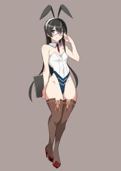  1girl adapted_costume animal_ears baron_(nsbaron) black_hair book breasts brown_background brown_thighhighs commentary_request detached_collar fake_animal_ears full_body glasses green_eyes highres hip_bones kantai_collection leotard long_hair looking_at_viewer ooyodo_(kancolle) playboy_bunny rabbit_ears red_neckwear semi-rimless_eyewear simple_background small_breasts solo strapless strapless_leotard thighhighs under-rim_eyewear white_leotard wrist_cuffs  rating:Sensitive score:16 user:danbooru
