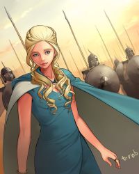  a_song_of_ice_and_fire armor blonde_hair blue_eyes cape daenerys_targaryen dress game_of_thrones highres long_hair polearm shield spear t-rob weapon  rating:Sensitive score:15 user:superdupermej