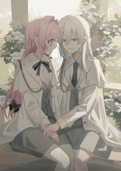  2girls black_bow black_necktie blue_eyes bow braid chihuri collared_shirt commentary_request earrings ende_(chihuri) feet_out_of_frame flower grey_skirt grey_vest hair_between_eyes hair_bow hair_intakes highres jacket jewelry long_hair long_sleeves multiple_girls nea_(chihuri) necktie open_clothes open_jacket original pantyhose pink_hair puffy_long_sleeves puffy_sleeves purple_eyes shirt sitting skirt stud_earrings very_long_hair vest white_flower white_hair white_jacket white_pantyhose white_shirt yuri 