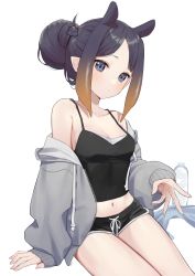 1girl alternate_costume bare_shoulders black_eyes black_hair black_shorts black_tank_top blush bottle breasts character_hair_ornament cleavage commentary english_commentary gradient_hair grey_hoodie grey_jacket hair_bun hair_ornament highres hololive hololive_english hood hoodie jacket long_sleeves midriff multicolored_hair navel ninomae_ina&#039;nis off_shoulder open_clothes open_hand open_jacket orange_hair parted_bangs pointy_ears puffy_long_sleeves puffy_sleeves short_shorts shorts single_hair_bun sitting small_breasts solo syhan takodachi_(ninomae_ina&#039;nis) tank_top tentacle_hair virtual_youtuber water_bottle white_background rating:Sensitive score:76 user:danbooru