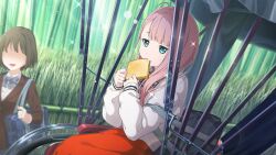  22/7 22/7_ongaku_no_jikan 2girls bag bamboo bamboo_forest bread bread_slice cardigan center-flap_bangs dutch_angle eating food food_in_mouth forest game_cg green_eyes highres holding holding_food kamiki_mikami lens_flare long_hair long_sleeves mouth_hold multiple_girls nature non-web_source official_art outdoors pink_hair rickshaw school_bag school_uniform single_sidelock sitting solo_focus sparkle toast toast_in_mouth white_cardigan 