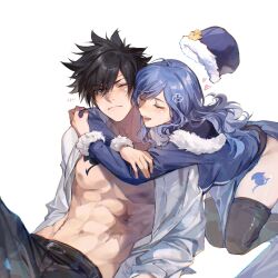  1boy 1girl abs absurdres belt black_eyes black_footwear black_hair blue_cape blue_coat blue_eyes blue_hair blush cape center_opening closed_eyes coat colored_skin dated fairy_tail fairy_tail_logo flower fur-trimmed_cape fur-trimmed_sleeves fur_trim gray_fullbuster grey_pants groin hat heart highres hug hug_from_behind juvia_lockser jyukawa leaning_on_person leg_tattoo long_hair looking_at_another multicolored_coat one_eye_closed open_mouth pants pectorals scar scar_on_stomach shirt short_hair simple_background sitting smile tattoo two-tone_coat unworn_hat unworn_headwear white_background white_coat white_shirt white_skin 