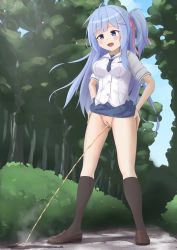  1girl blue_eyes blue_hair casual_peeing cleft_of_venus clothes_lift happy_peeing highres knees no_panties open_mouth outdoors peeing peeing_self public_indecency puddle purposeful_wetting pussy skirt skirt_lift smile solo standing steam udonko_(tinanago7715) uncensored  rating:Explicit score:94 user:akarin_akari