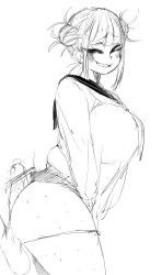 1boy 1girl absurdres ass blunt_bangs blush boku_no_hero_academia bottomless breasts buttjob cardigan censored coffing double_bun hair_bun highres huge_ass large_breasts large_penis lip_biting looking_back monochrome panties panty_pull penis precum school_uniform sketch sweat testicles toga_himiko underwear white_background rating:Explicit score:92 user:JustHere4Tits