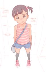  1girl a_kun arms_at_sides artist_name asymmetrical_bangs bag black_hair closed_mouth denim denim_shorts female_focus freckles full_body hair_ornament hairclip heart highres kneehighs loli looking_at_viewer one_side_up original pink_footwear purple_hair shirt shoes short_shorts shorts shoulder_bag sleeveless sleeveless_shirt smile socks solo standing striped_clothes striped_shirt webp-to-png_conversion  rating:Sensitive score:13 user:romantic_colors