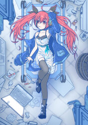 1girl absurdres adjustable_wrench ahoge black_footwear black_thighhighs blue_jacket bolt_(hardware) boots bow breasts combination_wrench computer date_a_live dress gears hair_bow headphones highres indoors itsuka_kotori jacket laptop lying mouse_(computer) nut_(hardware) pen pliers pocket red_eyes red_hair screwdriver see-through see-through_dress short_dress small_breasts solo thighhighs tools twintails user_fwcw3447 wrench zipper rating:Sensitive score:3 user:danbooru