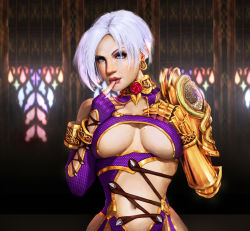  1girl antuniey_moacir_teodoro blue_eyes breasts choker earrings finger_to_mouth fingerless_gloves freckles gauntlets gloves highres isabella_valentine jewelry large_breasts lips looking_at_viewer navel short_hair solo soul_calibur soulcalibur_iv underboob very_short_hair white_hair  rating:Sensitive score:48 user:awelm