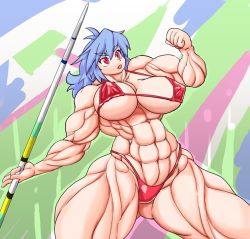  1girl abs bikini blue_hair breasts extreme_muscles javelin mocoack red_eyes solo swimsuit thick_thighs thighs  rating:Questionable score:6 user:nothing