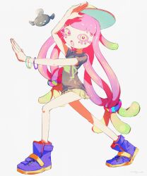  1girl :o baseball_cap black_shirt blue_footwear bracelet clownfish colored_eyelashes commentary drooling fish full_body gradient_hair green_hair hair_ornament hair_scrunchie hand_on_own_head harmony&#039;s_clownfish_(splatoon) harmony_(splatoon) hat highres jewelry long_hair miniskirt mouth_drool multicolored_hair nintendo open_mouth outstretched_arms pink_hair pink_pupils pppmepl print_shirt scrunchie shirt short_sleeves skirt solo splatoon_(series) splatoon_3 striped_clothes striped_headwear symbol-only_commentary tentacle_hair tilted_headwear very_long_hair white_background yellow_eyes yellow_skirt 
