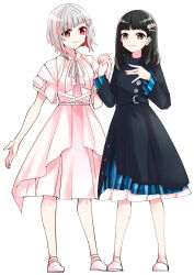  2girls animification black_dress black_hair blunt_bangs bob_cut brown_eyes closed_mouth coat_dress colored_inner_hair commentary_request diagonal_bangs dress full_body grey_hair hair_ornament hairclip hand_on_own_chest highres holding_hands interlocked_fingers inverted_bob kanduki_kamibukuro link!_like!_love_live! link_to_the_future_(love_live!) long_sleeves looking_at_another love_live! medium_hair multicolored_hair multiple_girls pink_dress red_eyes red_hair sasaki_kotoko shoes short_hair short_sleeves simple_background smile streaked_hair two-tone_dress virtual_youtuber voice_actor voice_actor_connection white_background white_dress white_footwear yugiri_tsuzuri 