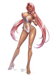  1girl blush grabbing_another&#039;s_breast breasts curvy dark-skinned_female dark_skin feet female_focus full_body grabbing high_heels highres huge_breasts ingrid_(taimanin_asagi) kagami_hirotaka lilith-soft long_hair looking_at_viewer mole mole_under_mouth nail_polish naughty_face navel nipples one-piece_swimsuit pink_hair puffy_nipples pussy_juice saliva sandals shiny_skin side-tie_swimsuit skindentation smile solo standing sunglasses swimsuit taimanin_(series) taimanin_asagi taimanin_rpgx thighs toes tongue tongue_out yellow_eyes  rating:Explicit score:61 user:deltaonix