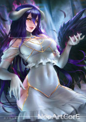 1girl albedo_(overlord) artist_name bare_shoulders breasts covered_navel elbow_gloves fangs feathers gloves hip_focus horns lips long_hair looking_at_viewer neoartcore overlord_(maruyama) purple_hair signature single_horn smile solo thighs very_long_hair white_background wings rating:Sensitive score:71 user:danbooru