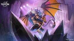  1girl absurdres animal_hands blue_hair breasts capcom cleavage cosplay crystal fake_horns fake_tail felicia_(vampire) gloves green_eyes highres hoop horns large_breasts looking_at_viewer mask monster_hunter_(series) nergigante nergigante_(cosplay) official_alternate_costume official_art paw_gloves smile solo spotlight tail teppen thighhighs vampire_(game) zipper_pull_tab  rating:Sensitive score:6 user:danbooru