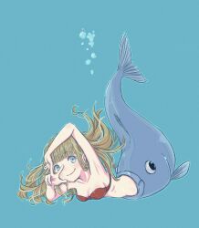  1girl armpit_crease arms_up blonde_hair blue_eyes bra bubble commentary fins fish fish_tail highres long_hair looking_at_viewer mermaid monster_girl nean_gowld original simple_background smile solo tail underwater underwear  rating:Sensitive score:4 user:danbooru