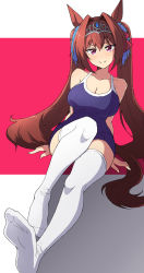  1girl animal_ears arm_support bare_shoulders breasts brown_hair cleavage closed_mouth collarbone daiwa_scarlet_(umamusume) hair_intakes highres horse_ears horse_girl horse_tail large_breasts long_hair nel-c no_shoes one-piece_swimsuit pink_eyes school_swimsuit sitting smile solo swimsuit tail thighhighs tiara twintails umamusume white_thighhighs  rating:Sensitive score:11 user:danbooru