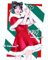  1girl aegyo_sal black_hair black_ribbon border capelet character_request christmas_tree double_bun dress earrings fur-trimmed_capelet fur-trimmed_dress fur_trim grin hair_bun heart jewelry korean_text lipgloss loona_(group) real_life red_capelet red_dress ribbon short_hair smile solo twitter_username whenever96 white_border 