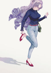  1girl bag belt blue_pants breasts casual closed_eyes commentary denim drill_hair full_body grey_background handbag high_heels highres hyakumantenbara_salome jeans jewelry kane_yoshi large_breasts long_hair long_sleeves nail_polish nijisanji no_mouth pants pendant purple_hair red_footwear red_nails shadow shoes simple_background solo standing standing_on_one_leg stiletto_heels sweater symbol-only_commentary virtual_youtuber 