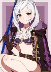  1girl belt bikini breasts brown_eyes brown_gloves cleavage closed_mouth fire_emblem fire_emblem_awakening fire_emblem_heroes gloves gmais2514 highres holding holding_polearm holding_weapon jewelry long_hair looking_at_viewer medium_breasts navel necklace nintendo o-ring o-ring_bikini o-ring_top official_alternate_costume polearm purple_bikini robin_(female)_(fire_emblem) robin_(female)_(summer)_(fire_emblem) robin_(fire_emblem) simple_background smile solo swimsuit twintails weapon white_hair 