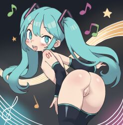  1girl aqua_eyes aqua_hair arm_tattoo ass bent_over black_rock_shooter_(cosplay) black_thighhighs blush blush_stickers cleft_of_venus cosplay cowboy_shot detached_sleeves female_focus flat_chest from_behind hair_ribbon happy hatsune_miku highres leaning_forward loli long_hair looking_at_viewer looking_back music musical_note nipples nude number_tattoo open_mouth pussy qtkat ribbon sidelocks smile solo star_(symbol) tattoo teeth thighhighs upper_teeth_only vocaloid  rating:Explicit score:239 user:danbooru
