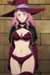 1girl artist_request black_capelet blush bra breasts brick capelet cleavage elbow_gloves gloves hat highres large_breasts long_hair looking_at_viewer non-web_source panties purple_bra purple_eyes purple_gloves purple_hat purple_panties purple_thighhighs smile solo source_request thighhighs underwear witch witch_hat 