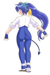  1girl ass blue_eyes blue_hair blush demon_tail fingerless_gloves from_behind gloves gomamiso_(gomamiso_sp) jacket long_hair looking_back matching_hair/eyes miwajou original ponytail simple_background sleeves_rolled_up solo tail very_long_hair white_background 