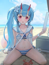 1girl :o absurdres bag ball beach beachball bikini blue_archive blue_bikini blue_hair blue_halo blush breasts chise_(blue_archive) chise_(swimsuit)_(blue_archive) crab flower front-tie_bikini_top front-tie_top hair_flower hair_ornament halo halterneck highres holding horns long_hair looking_at_viewer navel ocean official_alternate_costume oni_horns parted_lips pink_eyes pink_horns ribbon ryh4 sailor_bikini sailor_collar see-through_camisole shoulder_bag side-tie_bikini_bottom side_ponytail sidelocks sitting slippers small_breasts solo striped_bikini striped_clothes swimsuit wariza white_flower wrist_ribbon rating:Sensitive score:24 user:danbooru