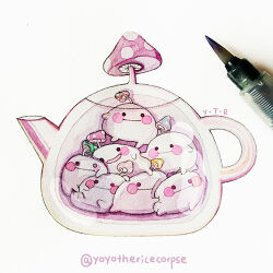  art_tools_in_frame artist_name black_eyes closed_mouth commentary english_commentary expressionless happy hibud lid lowres mushroom no_humans object_focus open_mouth original photo_(medium) solid_circle_eyes submerged teapot traditional_media yoyo_the_ricecorpse 