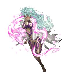  1girl barefoot body_markings breasts damaged dark-skinned_female dark_skin fire_emblem fire_emblem_heroes food fruit glowing grey_hair highres holding holding_food holding_fruit jewelry kozaki_yuusuke large_breasts long_hair messy_hair nail_polish nidhoggr_(fire_emblem) nintendo non-web_source official_art open_clothes pelvic_curtain pink_eyes ponytail purple_nails revealing_clothes ring robe snake solo tears toenail_polish toenails torn_clothes torn_coat transparent_background white_robe x_x 