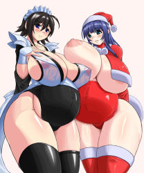  2girls black_hair blue_eyes blue_hair blush breasts breasts_out christmas female_focus fuutou_shizune gigantic_breasts hat highres iroha_(samurai_spirits) large_areolae long_hair multiple_girls navel nipples no_bra oshioki_sweetie pregnant puffy_nipples renges samurai_spirits santa_costume santa_hat see-through short_hair simple_background smile snk standing thighs underboob white_background  rating:Questionable score:98 user:Xander