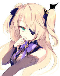  1girl black_bow black_bowtie black_dress black_ribbon blonde_hair blush bow bowtie breasts closed_mouth dress eyepatch fingernails fischl_(genshin_impact) genshin_impact green_eyes hair_between_eyes hair_ribbon hand_up highres long_hair long_sleeves looking_at_viewer medium_breasts ribbon simple_background solo upper_body utashima white_background  rating:General score:3 user:An80