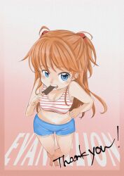  ! 1girl absurdres artist_request barefoot breasts english_text food foreshortening highres holding holding_food ice_cream long_hair medium_breasts navel neon_genesis_evangelion orange_hair perspective shadow short_shorts shorts simple_background smile solo souryuu_asuka_langley standing thank_you wide_hips 