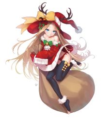  1girl abigail_williams_(fate) absurdres bare_shoulders bell black_thighhighs blonde_hair blush bow choker christmas collarbone detached_sleeves dress fake_antlers fate/grand_order fate_(series) fishkitty forehead full_body fur-trimmed_dress fur-trimmed_sleeves fur_trim green_bow hair_bell hair_ornament hat hat_bow highres jingle_bell long_hair long_sleeves looking_at_viewer orange_choker panties parted_bangs red_bow red_dress red_hair red_panties ribbed_legwear sack side-tie_panties simple_background sleeves_past_fingers sleeves_past_wrists smile solo thighhighs toeless_legwear underwear very_long_hair white_background witch_hat yellow_bow 