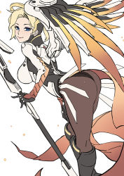  1girl blonde_hair blue_eyes bodysuit gloves halo hayate_(leaf98k) headgear looking_at_viewer mechanical_halo mechanical_wings mercy_(overwatch) overwatch overwatch_1 simple_background smile solo staff white_background wings  rating:Sensitive score:12 user:Manlet