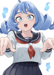  1girl absurdres ahoge blue_eyes blue_hair blue_sailor_collar blue_skirt boku_no_hero_academia drill_hair fengling_(furin-jp) ghost_pose hadou_nejire highres hitodama neckerchief official_alternate_costume official_alternate_hairstyle open_mouth pleated_skirt red_neckerchief sailor_collar school_uniform serafuku simple_background skirt solo twin_drills white_background 
