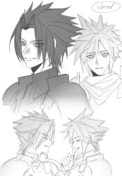  2boys 5ciw2 armor black_hair character_name closed_eyes cloud_strife crisis_core_final_fantasy_vii cropped_torso final_fantasy final_fantasy_vii from_side greyscale hand_up happy highres laughing looking_at_viewer male_focus monochrome multiple_boys parted_bangs pauldrons scarf short_hair shoulder_armor sketch smile spiked_hair sweater turtleneck turtleneck_sweater upper_body white_background zack_fair  rating:General score:1 user:danbooru