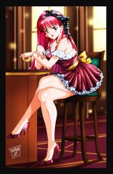  1990s_(style) 1girl absurdres bare_legs breasts cocktail_glass crossed_legs cup danmakuman dress drinking_glass earrings frilled_dress frills fujisaki_shiori high_heels highres indoors jewelry large_breasts legs long_hair looking_at_viewer necklace open_mouth red_dress red_eyes red_footwear red_hair retro_artstyle short_dress sitting smile solo sphere_earrings stool tokimeki_memorial tokimeki_memorial_1 very_long_hair 