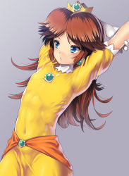 1girl arms_up blue_eyes blush brooch brown_hair covered_erect_nipples covered_navel cowboy_shot crown dress earrings female_focus flat_chest gloves green_eyes grey_background jewelry long_hair mario_(series) nagase_haruhito navel nintendo princess princess_daisy simple_background skin_tight solo standing stretching super_mario_bros._1 super_mario_land tiara tight_clothes two-tone_background white_gloves yellow_dress rating:Sensitive score:121 user:CerberusPhoenix