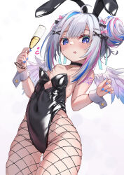  1girl absurdres ahoge amane_kanata angel_wings animal_ears arm_tattoo bare_shoulders black_bow black_choker black_leotard blue_hair blue_nails blush bow choker collarbone commentary covered_navel cup double_bun drinking_glass fake_animal_ears feathered_wings fishnet_pantyhose fishnets flat_chest grey_hair hair_bow hair_bun hair_ornament hands_up highleg highleg_leotard highres holding holding_cup hololive juu_p leotard looking_at_viewer mini_wings multicolored_hair multiple_hair_bows open_mouth pantyhose pink_bow pink_hair playboy_bunny purple_eyes rabbit_ears short_hair_with_long_locks sidelocks simple_background single_hair_intake solo strapless strapless_leotard streaked_hair sweatdrop tattoo thighs virtual_youtuber white_background white_wrist_cuffs wings wrist_cuffs x_hair_ornament 