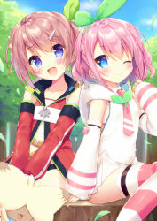 2girls :d ;) arm_support black_panties blue_eyes blue_sky blush braid closed_mouth cloud collarbone commentary_request day detached_sleeves green_hairband green_ribbon hair_between_eyes hair_ornament hair_ribbon hairband hairclip highres hood hood_down hoodie jacket kana_(tales) lippy_(tales) long_sleeves looking_at_viewer multiple_girls namco natsuki_marina one_eye_closed open_mouth outdoors panties pink_hair puffy_long_sleeves puffy_sleeves red_jacket ribbon sara_(tales) sitting sky sleeveless sleeveless_hoodie sleeveless_jacket sleeves_past_wrists smile striped_clothes striped_legwear striped_thighhighs tales_of_(series) tales_of_link thighhighs tree underwear white_hoodie rating:Sensitive score:1 user:danbooru